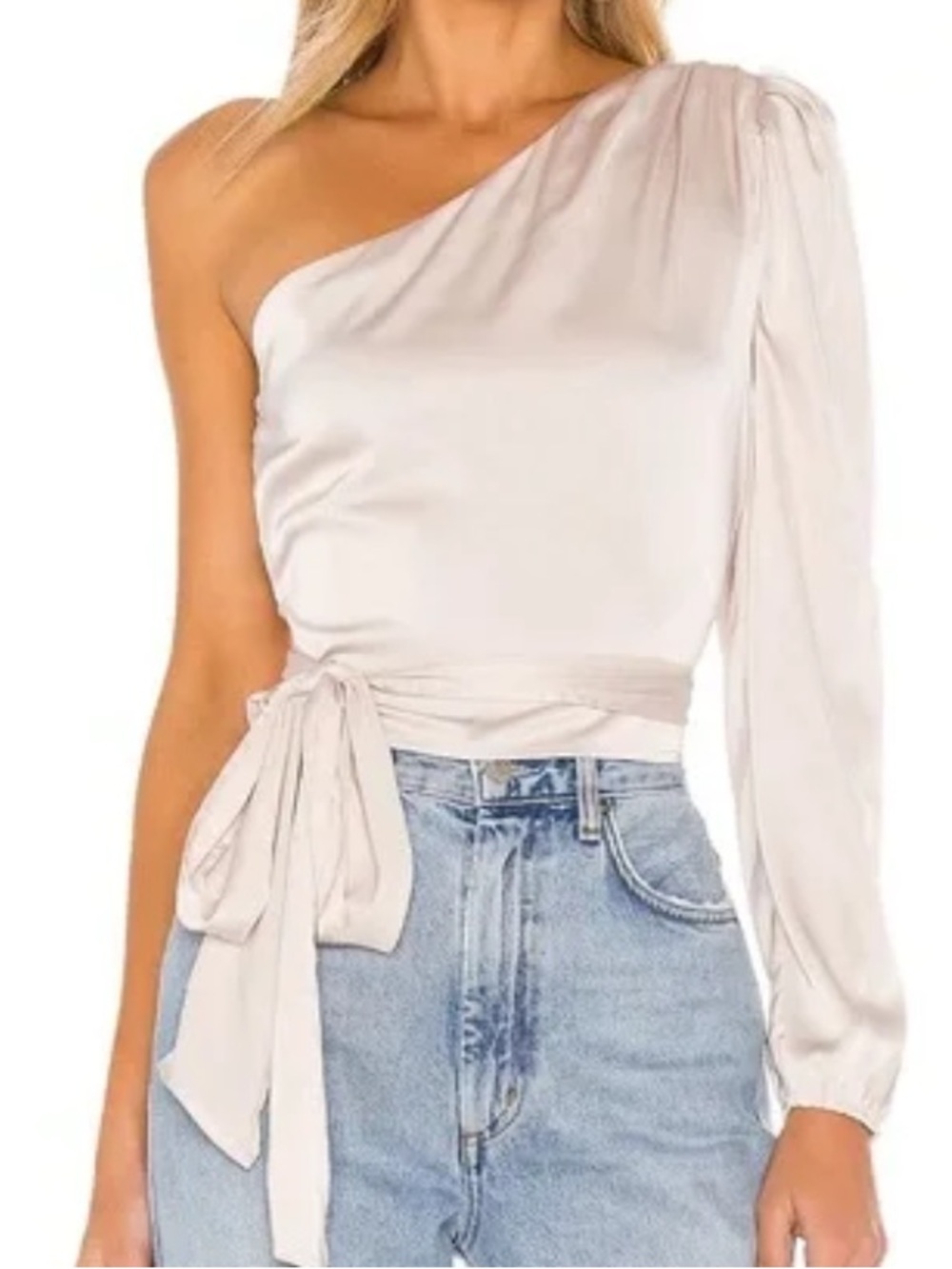 superdown One-Shoulder Satin Tie-Waist Top in Bone - S